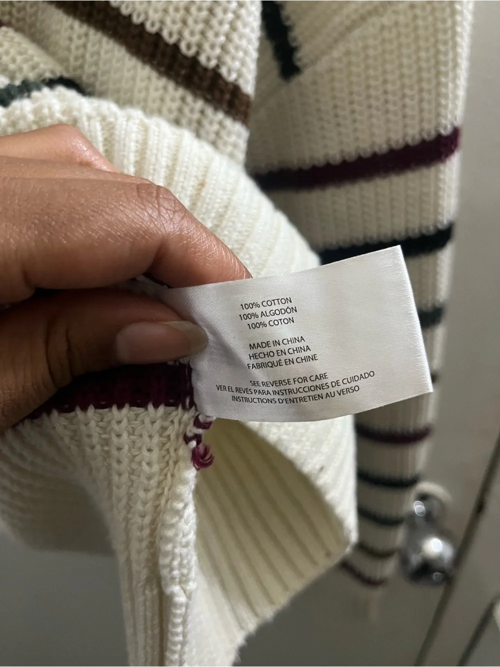 GAP Cream Crewneck Sweater with Navy and Burgundy Stripes - Picture 6 of 6